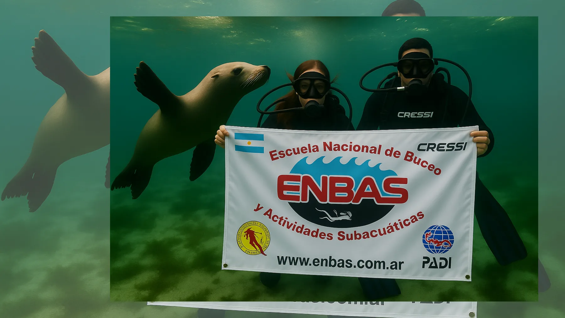 Buzos ENBAS sosteniendo bandera bajo el agua