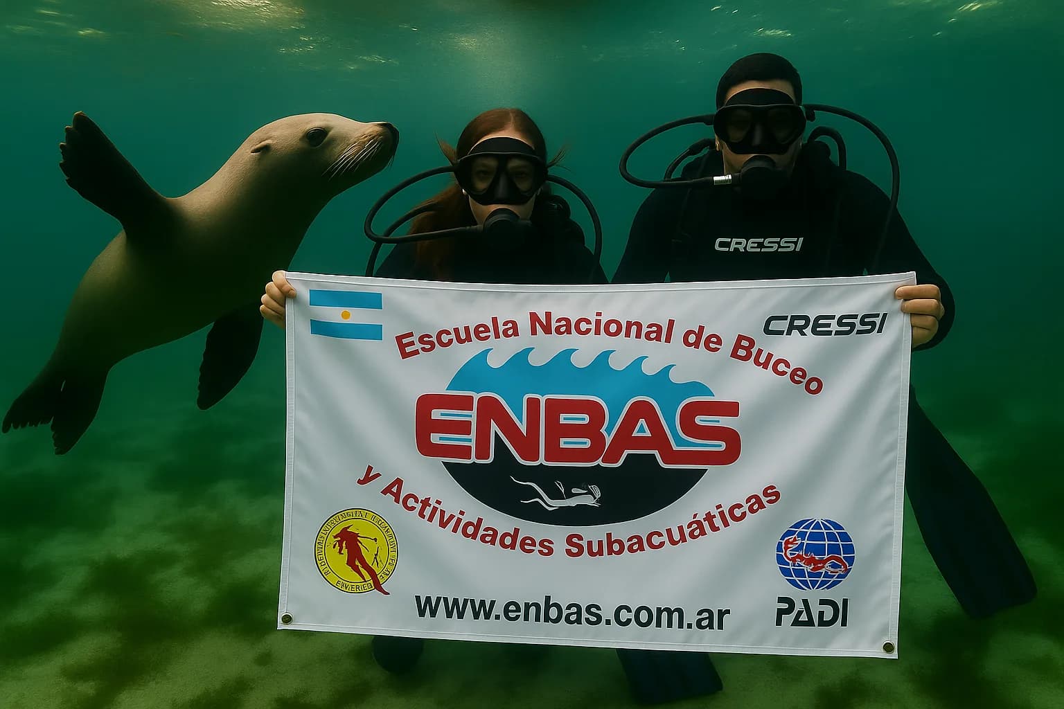 Buzos ENBAS bajo el agua con bandera de la escuela